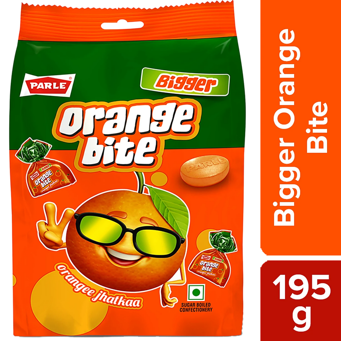 PARLE ORANGE BITE TOFFEE 195 GM POUCH. (TOFFEE/CANDY)