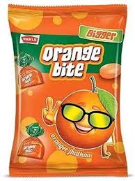 PARLE ORANGE BITE TOFFEE 195 GM POUCH.